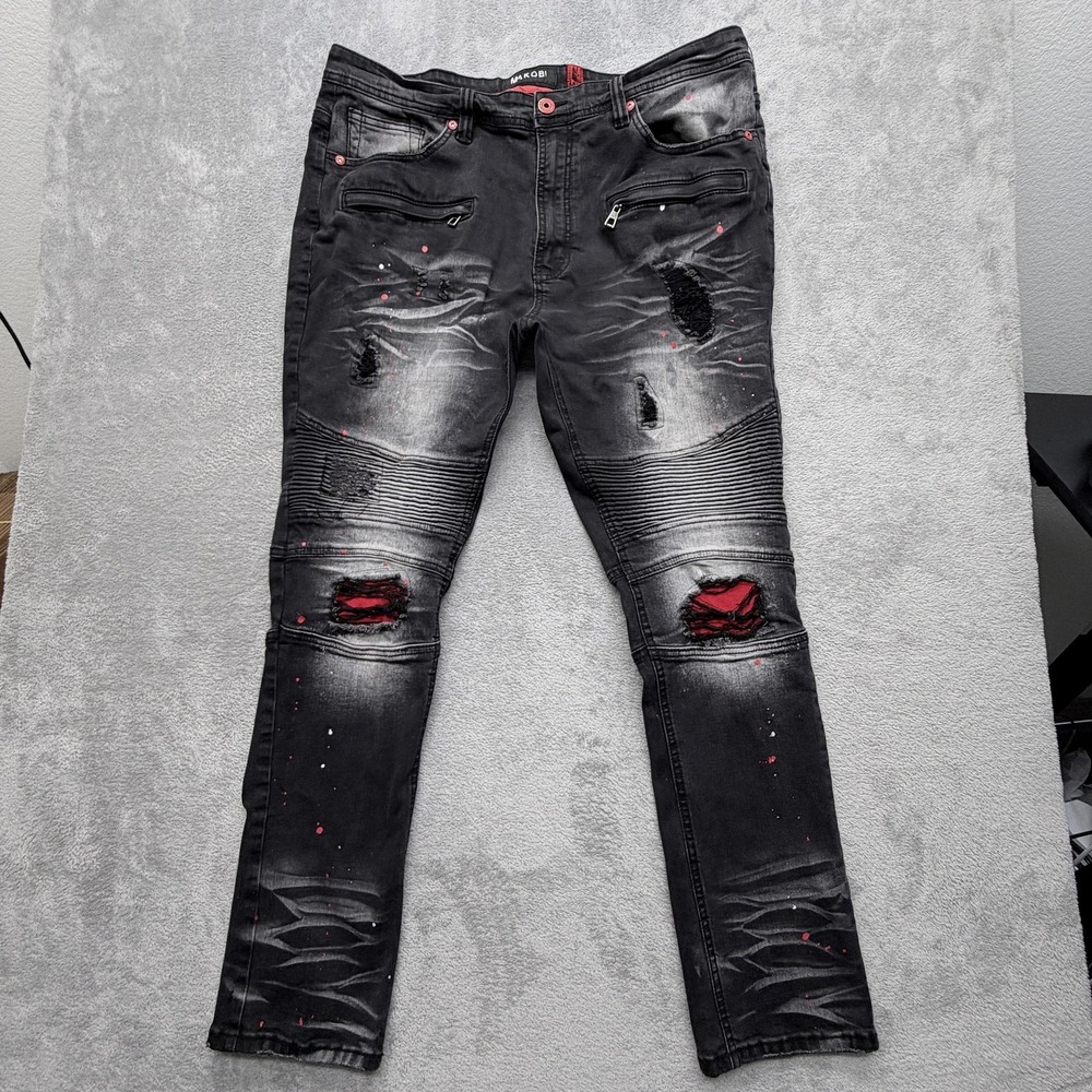Makobi Naxos M1940 Mens 40x32 Black Skinny Ripped Knee Paint Splatter Zip Pocket